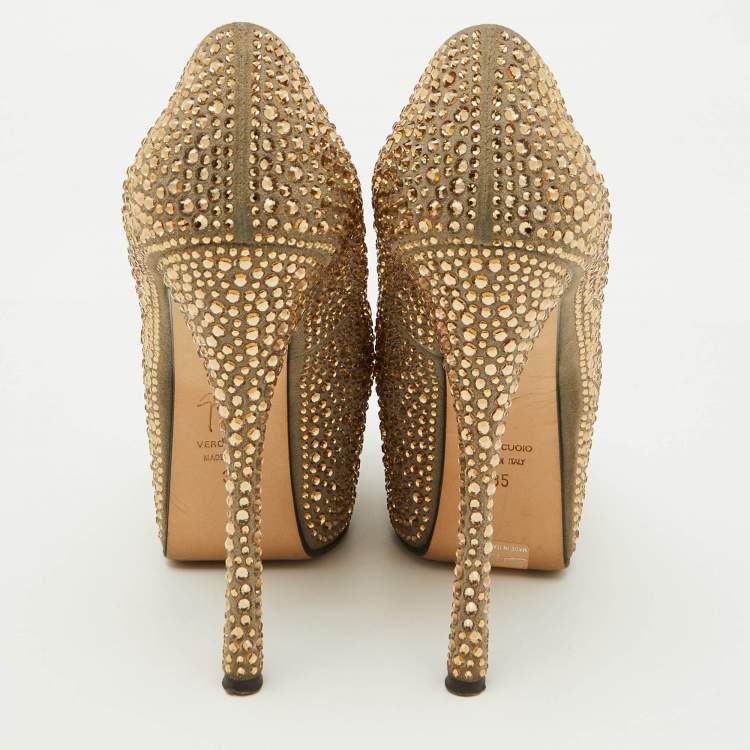 Pre Owned Giuseppe Zanotti Grey Suede Crystal Embellished Exaggerated Platform Pumps Size 35