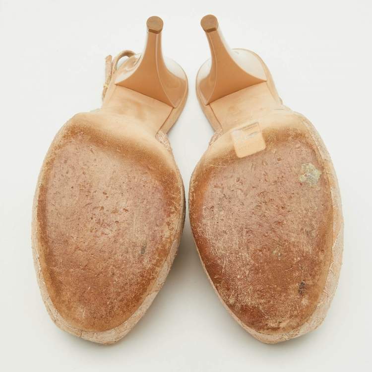 Pre Owned Giuseppe Zanotti Beige Lace Peep-Toe Slingback Sandals Size 40