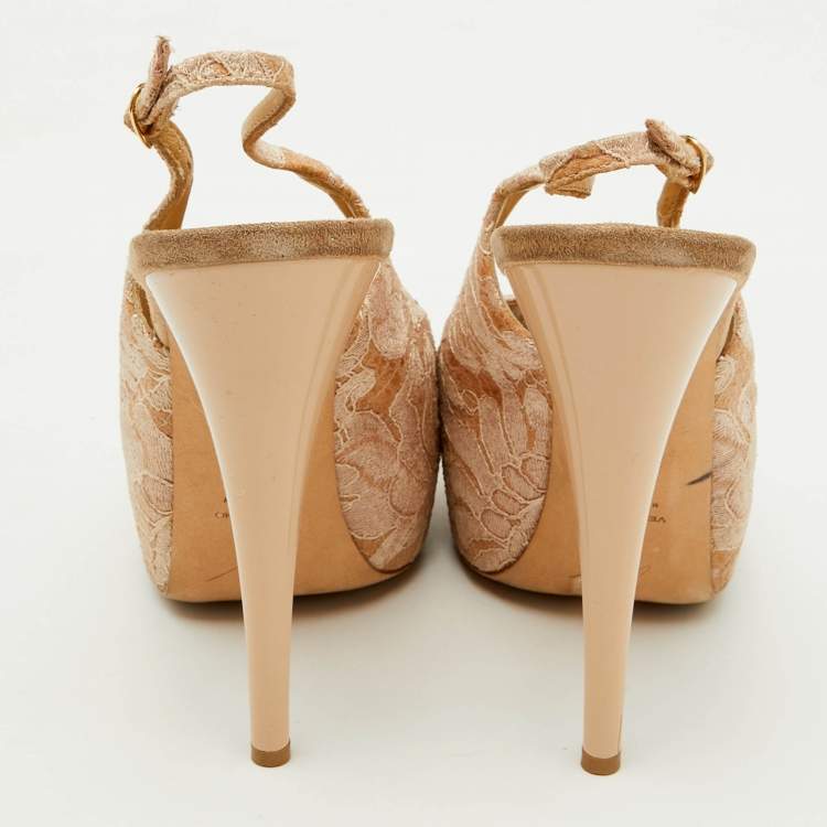 Pre Owned Giuseppe Zanotti Beige Lace Peep-Toe Slingback Sandals Size 40