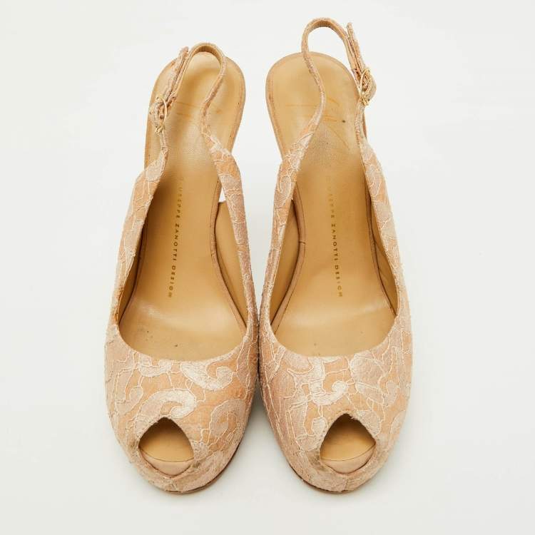 Pre Owned Giuseppe Zanotti Beige Lace Peep-Toe Slingback Sandals Size 40