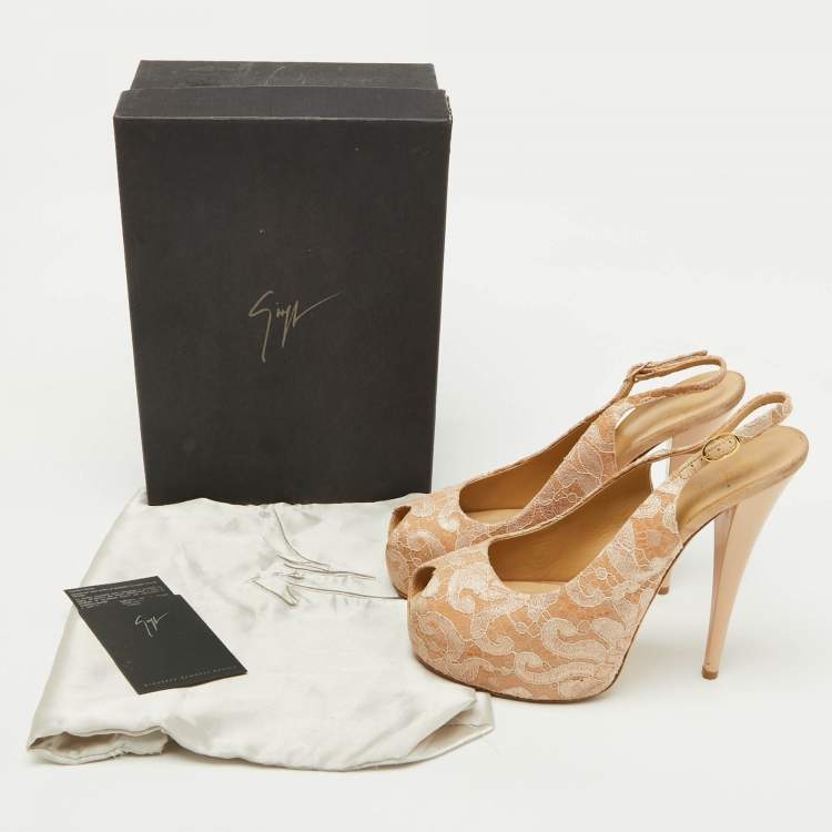 Pre Owned Giuseppe Zanotti Beige Lace Peep-Toe Slingback Sandals Size 40