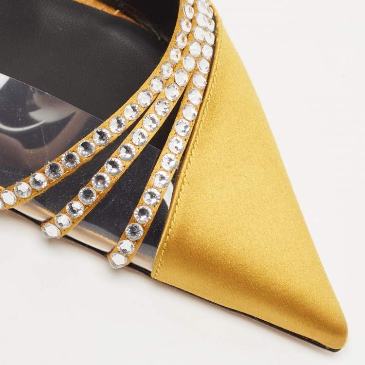Pre Owned Giuseppe Zanotti Gold Satin Crystal Embellished Slingback Pumps Size 41