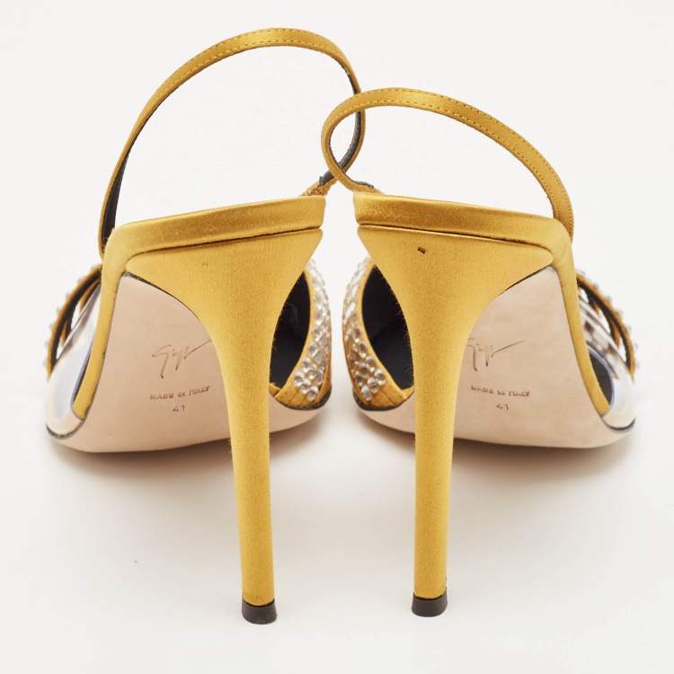 Pre Owned Giuseppe Zanotti Gold Satin Crystal Embellished Slingback Pumps Size 41