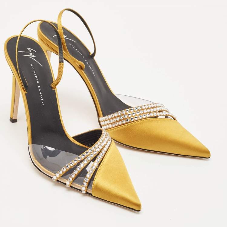 Pre Owned Giuseppe Zanotti Gold Satin Crystal Embellished Slingback Pumps Size 41