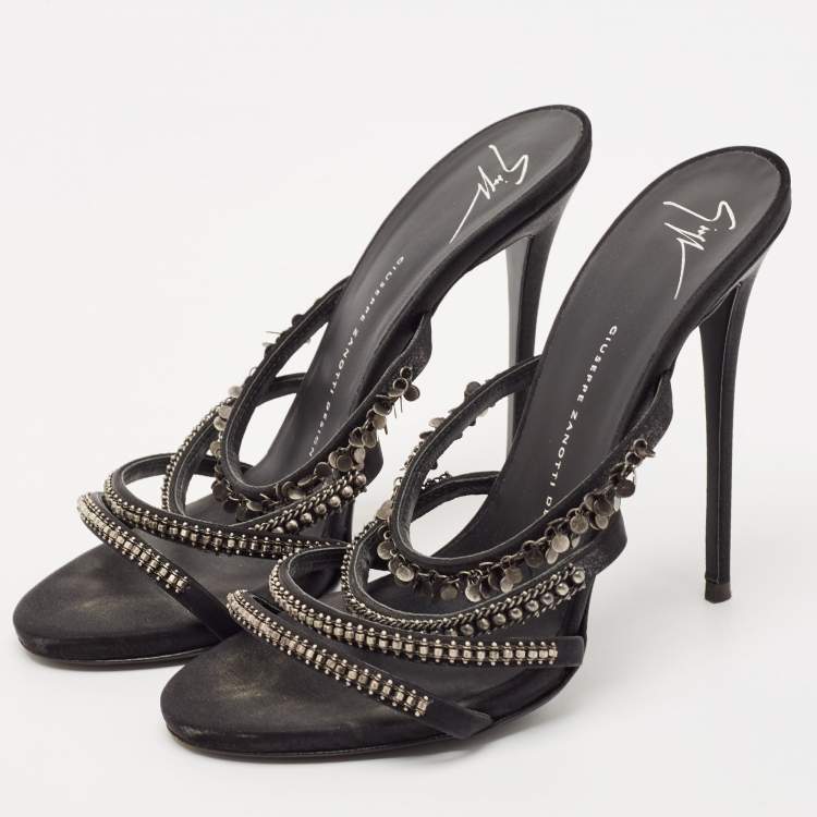 Pre Owned Giuseppe Zanotti Black Satin Embellished Slide Sandals Size 39