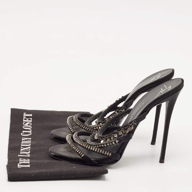 Pre Owned Giuseppe Zanotti Black Satin Embellished Slide Sandals Size 39