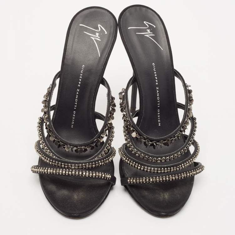 Pre Owned Giuseppe Zanotti Black Satin Embellished Slide Sandals Size 39