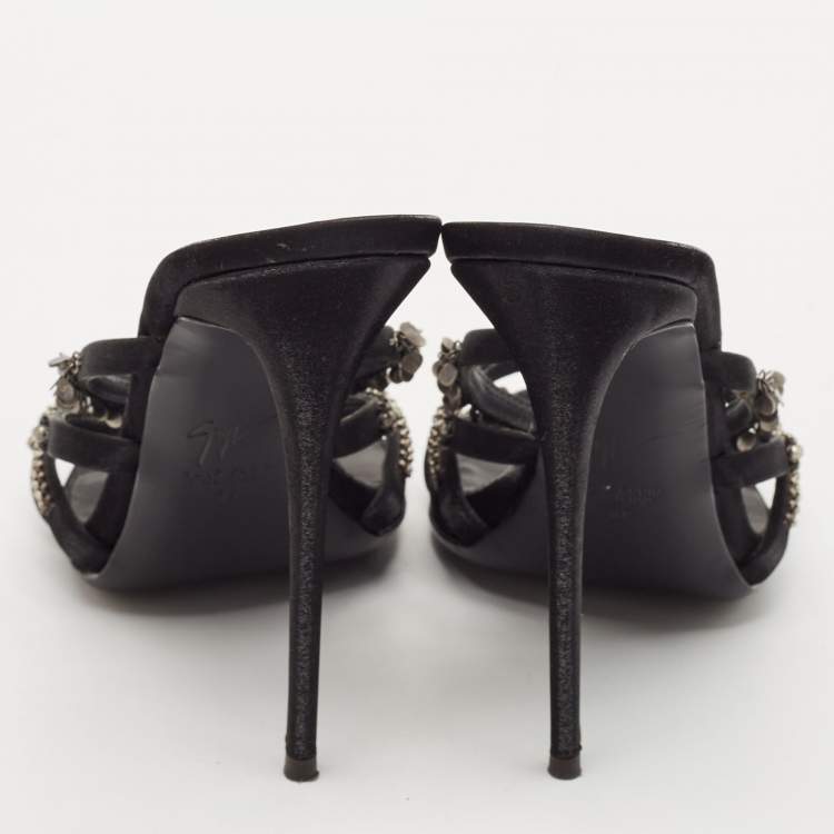 Pre Owned Giuseppe Zanotti Black Satin Embellished Slide Sandals Size 39