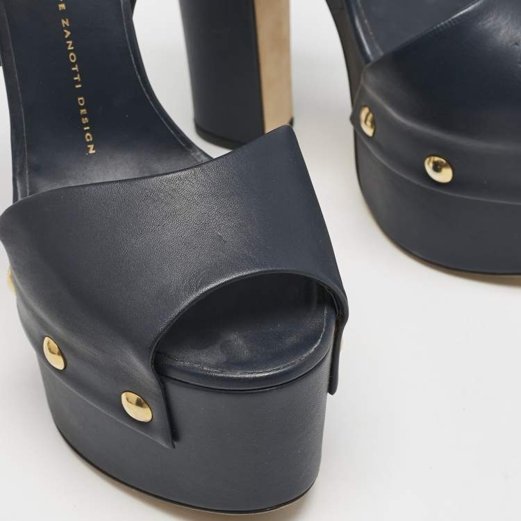 Pre Owned Giuseppe Zanotti Navy Blue Leather Betty Ankle Strap Platform Sandals Size 40
