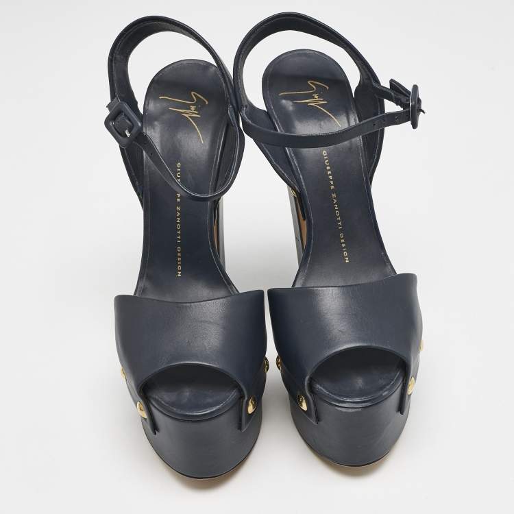 Pre Owned Giuseppe Zanotti Navy Blue Leather Betty Ankle Strap Platform Sandals Size 40