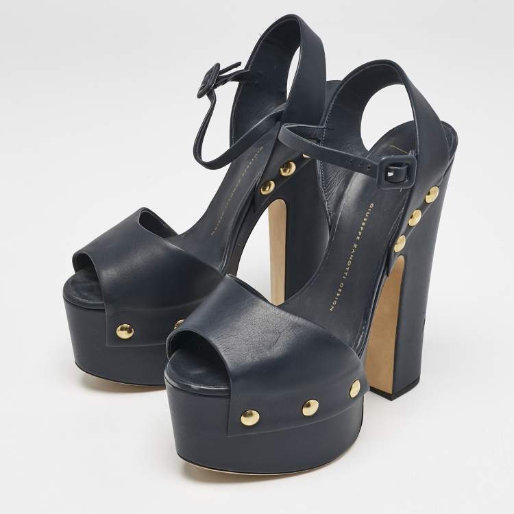 Pre Owned Giuseppe Zanotti Navy Blue Leather Betty Ankle Strap Platform Sandals Size 40