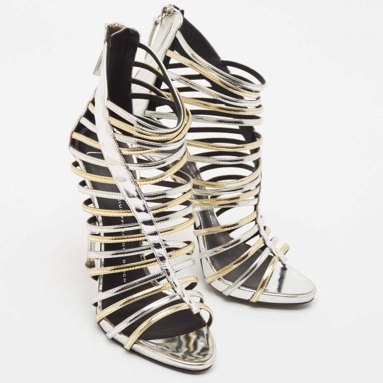 Pre Owned Giuseppe Zanotti Silver/Gold Leather Coline Gladiator Sandals Size 39