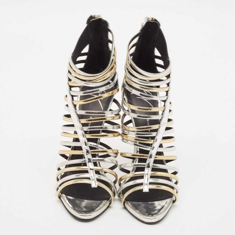 Pre Owned Giuseppe Zanotti Silver/Gold Leather Coline Gladiator Sandals Size 39