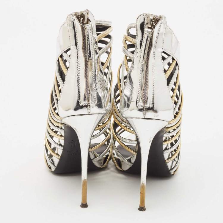 Pre Owned Giuseppe Zanotti Silver/Gold Leather Coline Gladiator Sandals Size 39