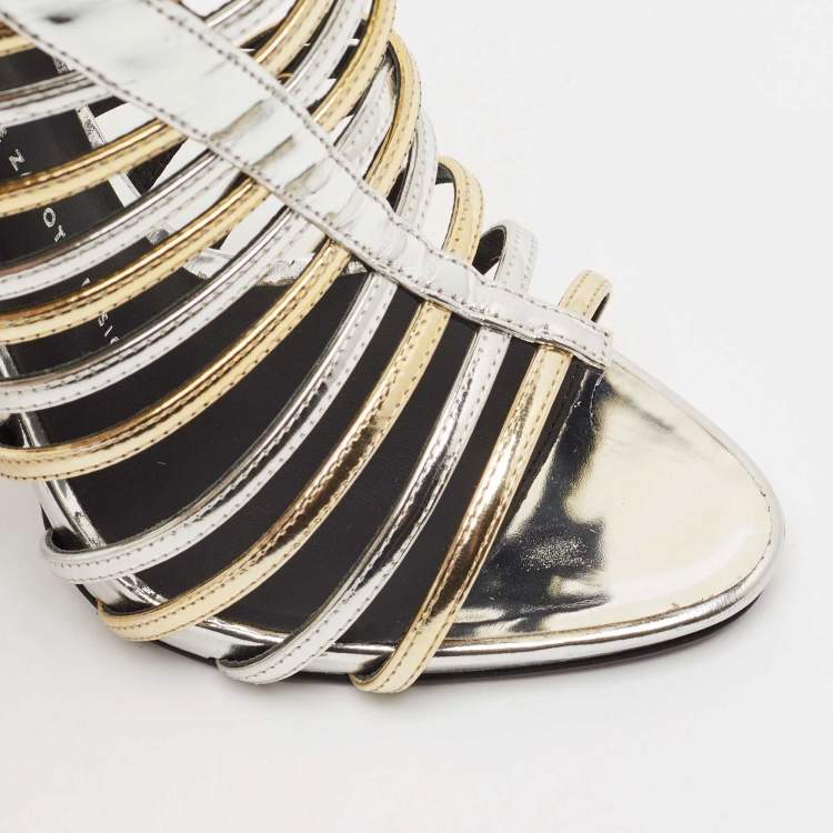 Pre Owned Giuseppe Zanotti Silver/Gold Leather Coline Gladiator Sandals Size 39