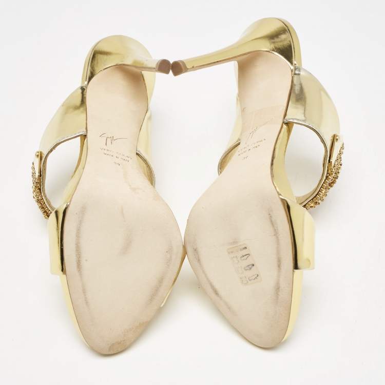 Pre Owned Giuseppe Zanotti Gold Leather Crystal Embellished Slide Sandals Size 39