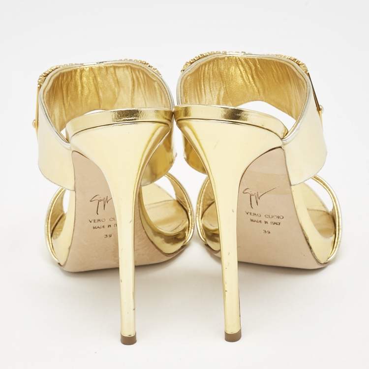 Pre Owned Giuseppe Zanotti Gold Leather Crystal Embellished Slide Sandals Size 39