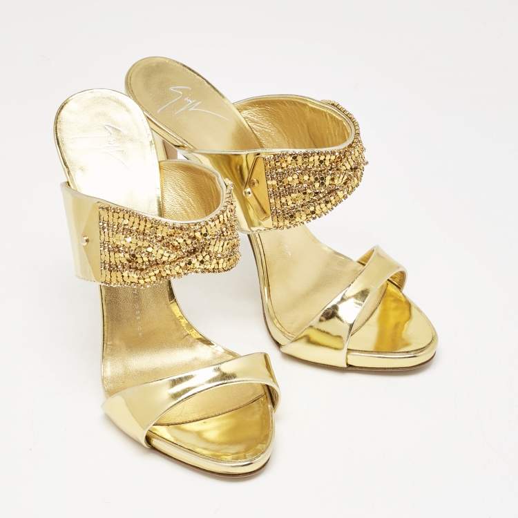 Pre Owned Giuseppe Zanotti Gold Leather Crystal Embellished Slide Sandals Size 39