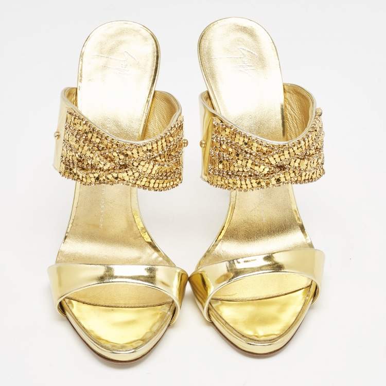 Pre Owned Giuseppe Zanotti Gold Leather Crystal Embellished Slide Sandals Size 39