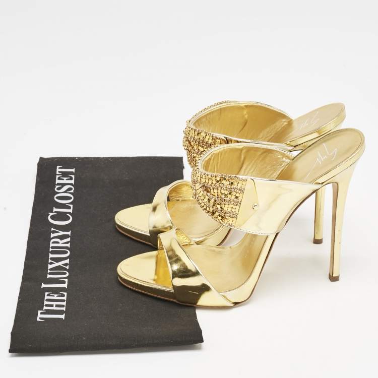 Pre Owned Giuseppe Zanotti Gold Leather Crystal Embellished Slide Sandals Size 39