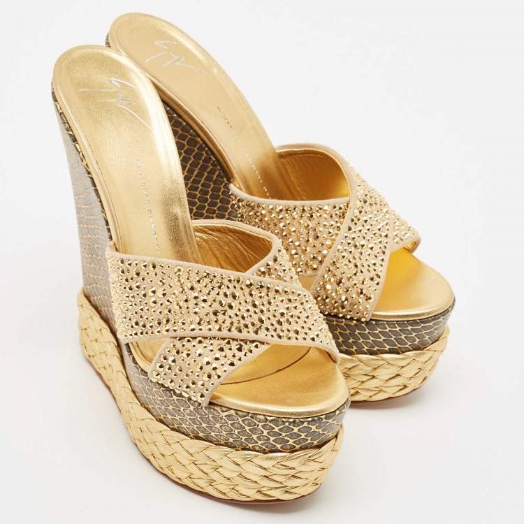 Pre Owned Giuseppe Zanotti Gold Suede Crystal Embellished Platform Wedge Sandals Size 40