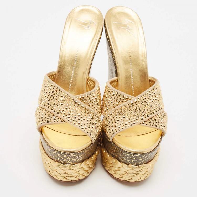 Pre Owned Giuseppe Zanotti Gold Suede Crystal Embellished Platform Wedge Sandals Size 40