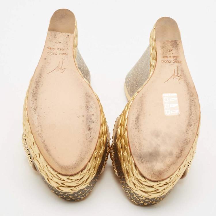 Pre Owned Giuseppe Zanotti Gold Suede Crystal Embellished Platform Wedge Sandals Size 40