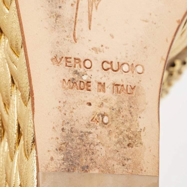 Pre Owned Giuseppe Zanotti Gold Suede Crystal Embellished Platform Wedge Sandals Size 40