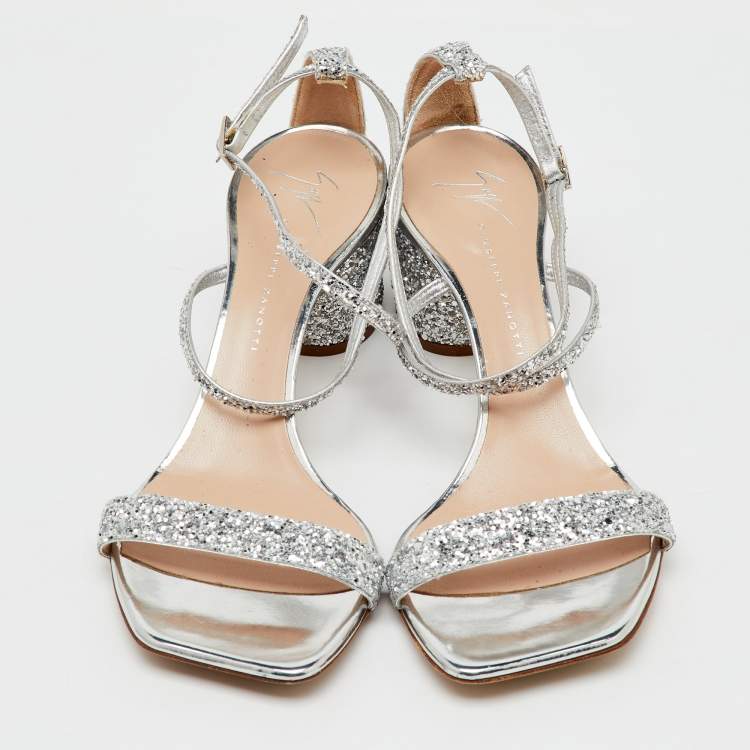 Pre Owned Giuseppe Zanotti Silver Glitter Tara Block Heel Ankle Strap Sandals Size 37.5