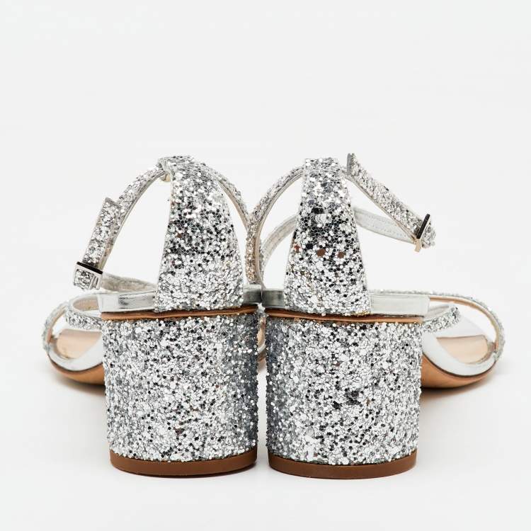 Pre Owned Giuseppe Zanotti Silver Glitter Tara Block Heel Ankle Strap Sandals Size 37.5