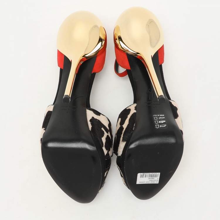 Pre Owned Giuseppe Zanotti Orange Suede And Leopard Print Calf Hair Ankle Strap Sandals Size 41