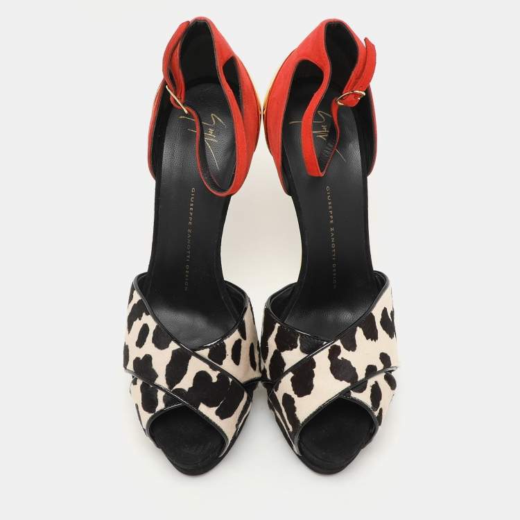 Pre Owned Giuseppe Zanotti Orange Suede And Leopard Print Calf Hair Ankle Strap Sandals Size 41