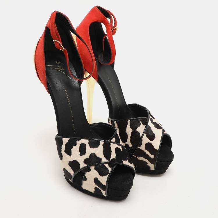 Pre Owned Giuseppe Zanotti Orange Suede And Leopard Print Calf Hair Ankle Strap Sandals Size 41