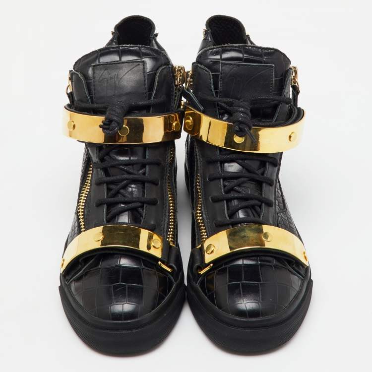 Pre Owned Giuseppe Zanotti Black Croc Embossed Leather Coby High Top Sneakers Size 40