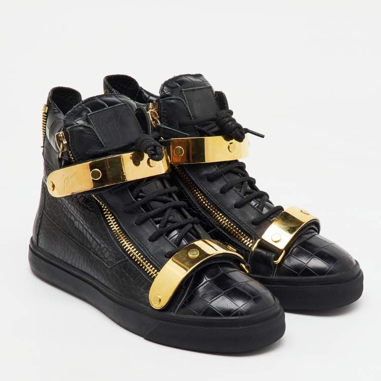Pre Owned Giuseppe Zanotti Black Croc Embossed Leather Coby High Top Sneakers Size 40