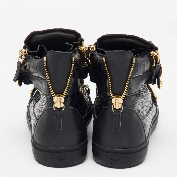 Pre Owned Giuseppe Zanotti Black Croc Embossed Leather Coby High Top Sneakers Size 40