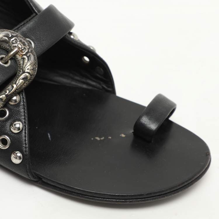 Pre Owned Giuseppe Zanotti Black Leather Embellished Toe Ring Flats Size 37