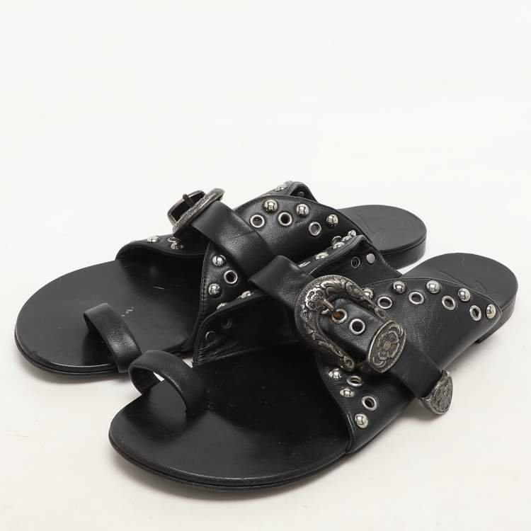 Pre Owned Giuseppe Zanotti Black Leather Embellished Toe Ring Flats Size 37