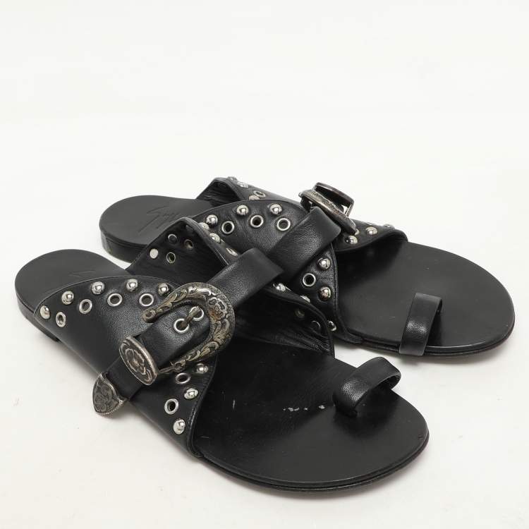 Pre Owned Giuseppe Zanotti Black Leather Embellished Toe Ring Flats Size 37