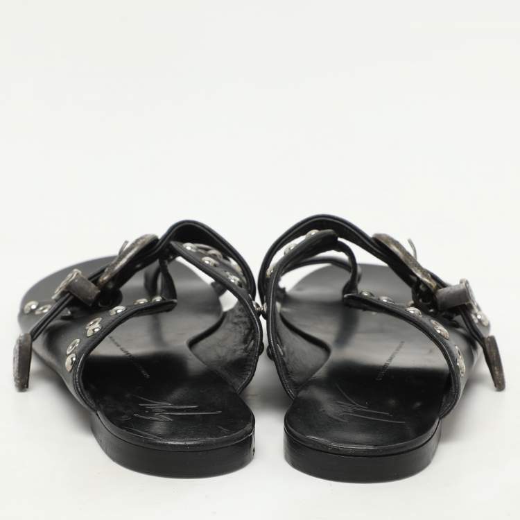 Pre Owned Giuseppe Zanotti Black Leather Embellished Toe Ring Flats Size 37