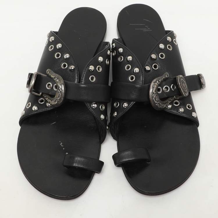 Pre Owned Giuseppe Zanotti Black Leather Embellished Toe Ring Flats Size 37