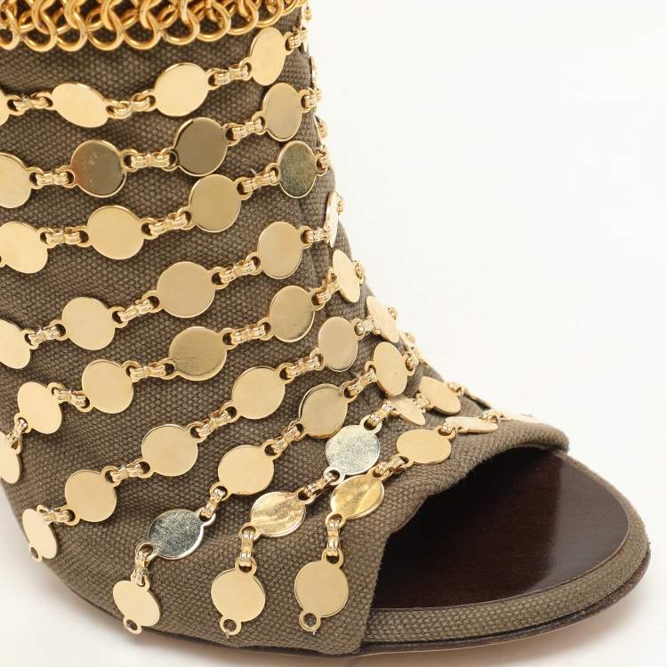Pre Owned Giuseppe Zanotti Khaki Canvas Chain Embellished Mid Calf Boots Size 36