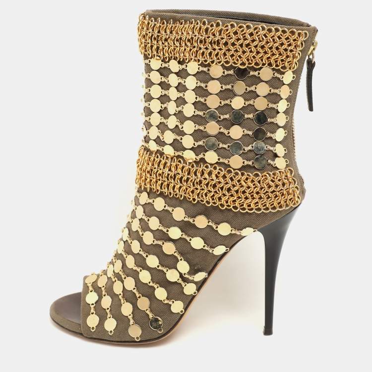 Pre Owned Giuseppe Zanotti Khaki Canvas Chain Embellished Mid Calf Boots Size 36