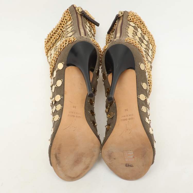 Pre Owned Giuseppe Zanotti Khaki Canvas Chain Embellished Mid Calf Boots Size 36