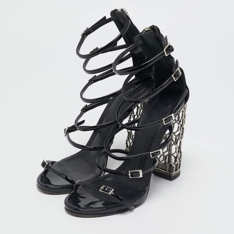Pre Owned Giuseppe Zanotti Black Patent Leather Lauren Metal Cage Heel Strappy Sandals Size 38.5