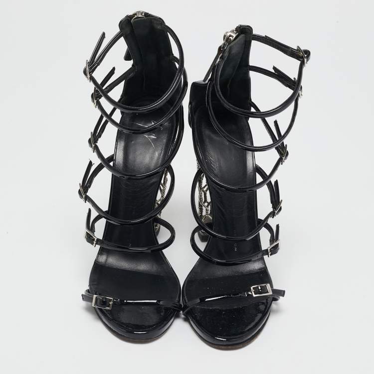 Pre Owned Giuseppe Zanotti Black Patent Leather Lauren Metal Cage Heel Strappy Sandals Size 38.5