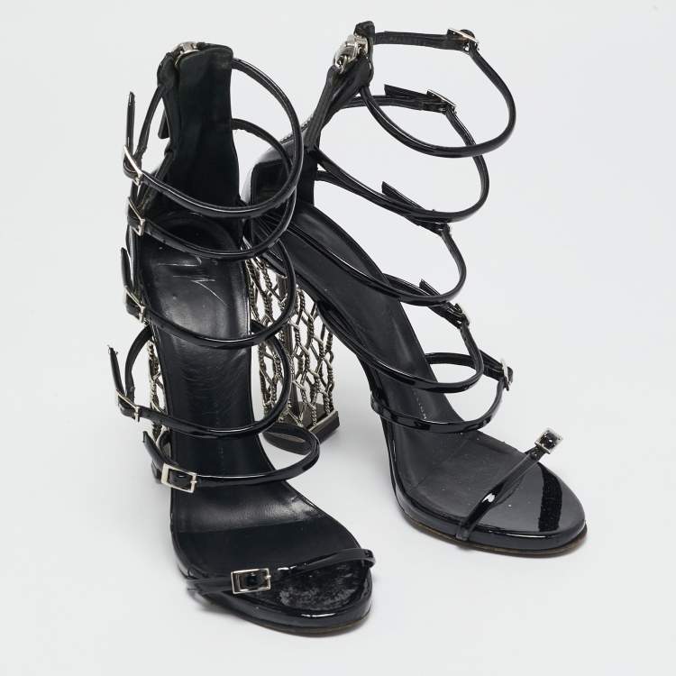 Pre Owned Giuseppe Zanotti Black Patent Leather Lauren Metal Cage Heel Strappy Sandals Size 38.5