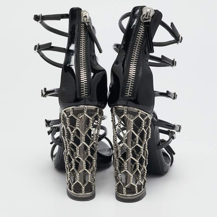Pre Owned Giuseppe Zanotti Black Patent Leather Lauren Metal Cage Heel Strappy Sandals Size 38.5
