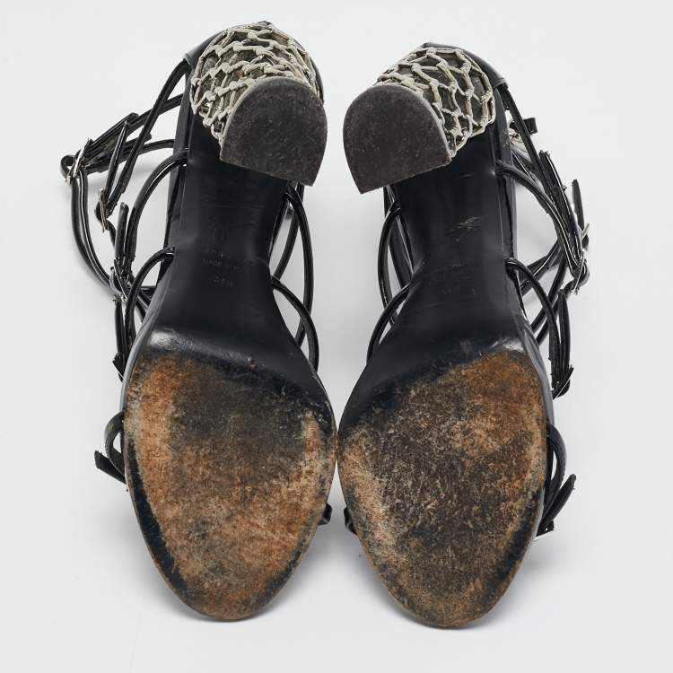 Pre Owned Giuseppe Zanotti Black Patent Leather Lauren Metal Cage Heel Strappy Sandals Size 38.5