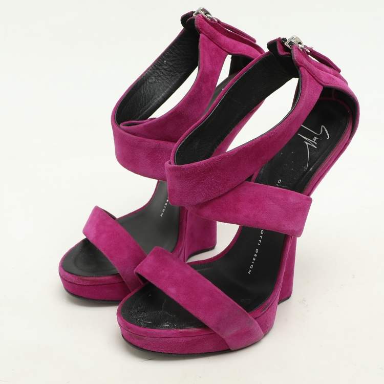 Pre Owned Giuseppe Zanotti Purple Suede Alien Wedge Sandals Size 37.5
